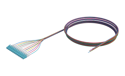 Pigtail de fibra óptica OM4 com buffer de 900 µm, LC/UPC, Aqua, colorido, pacote com 12 unidades